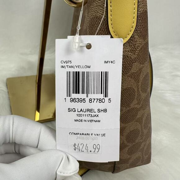 Coach Laurel Shoulder/Crossbody Bag In Signature Canvas CV975 Tan /Yellow NWT - Picture 5 of 8